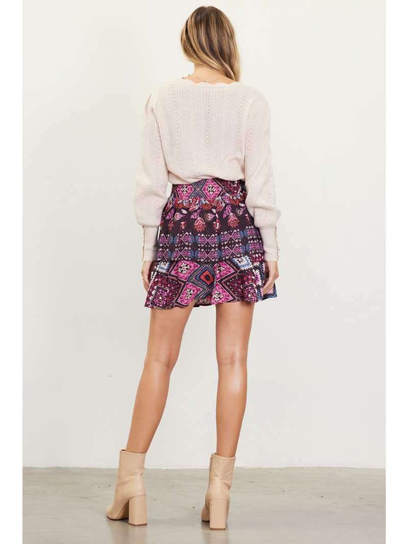 Border Print Ruffled Mini Skirt