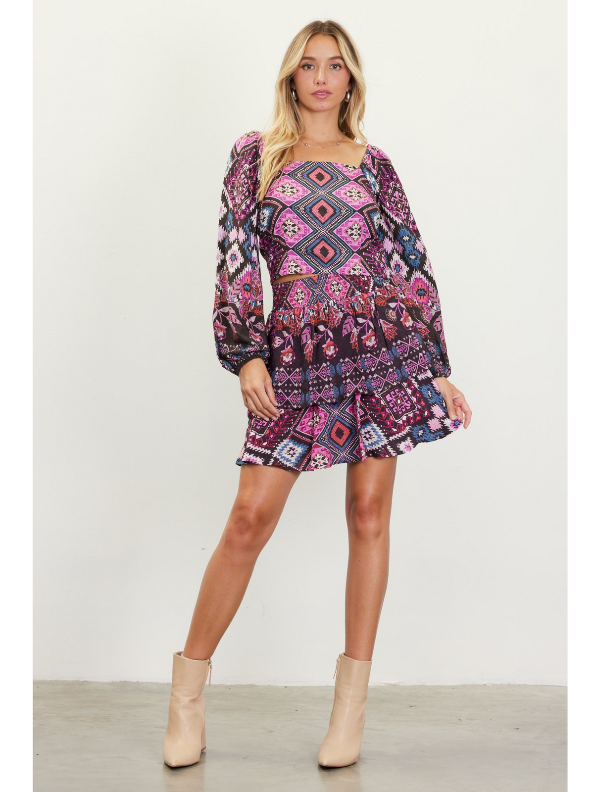 Border Print Ruffled Mini Skirt